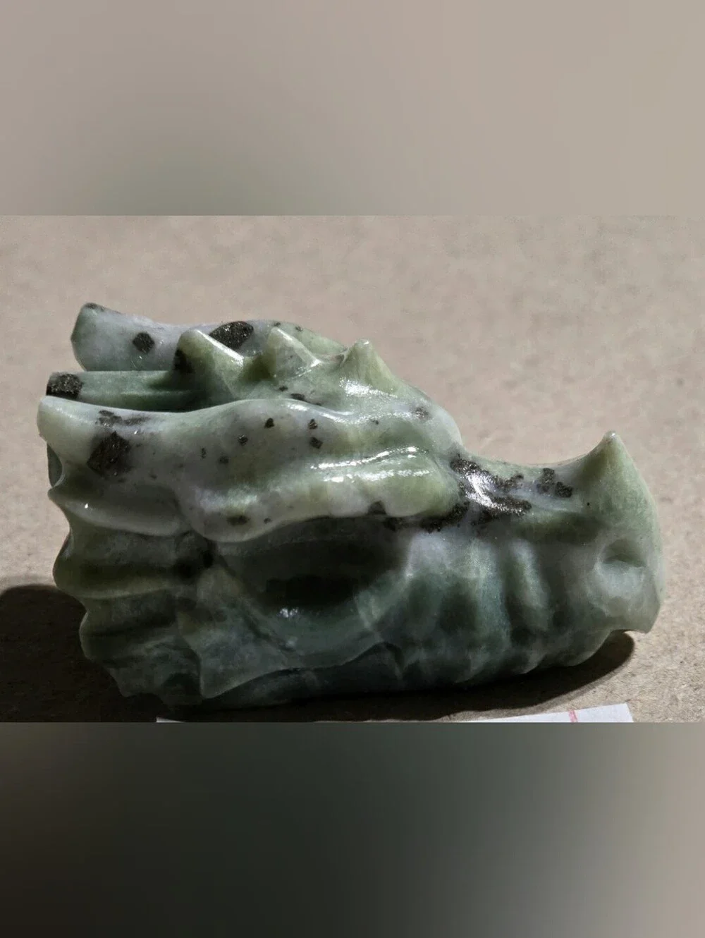 Detailed Kiwi Jasper Crystal Carved Dragon Head Stone Sculpture Decor
